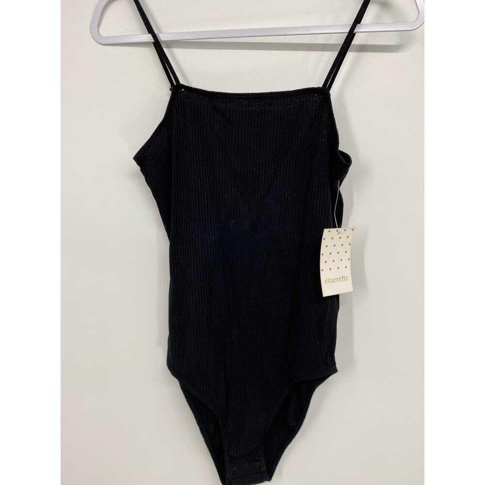 Emerette Womens Black Ribbed Spaghetti Strap Bodysuit NEW Size XL